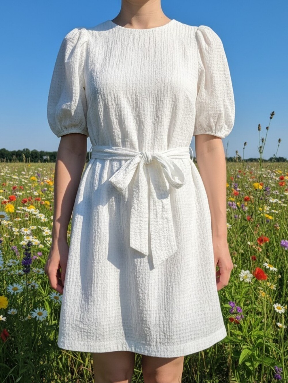White Puff Sleeve Belted Dress